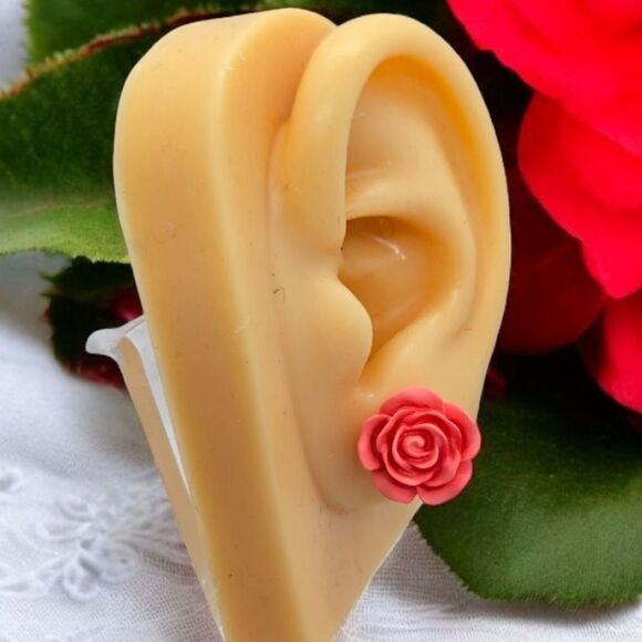Small Rose Earrings Pink Pierced Ear Stud Post Women's Jewelry Gift Romantic NEW - Picture 2 of 7